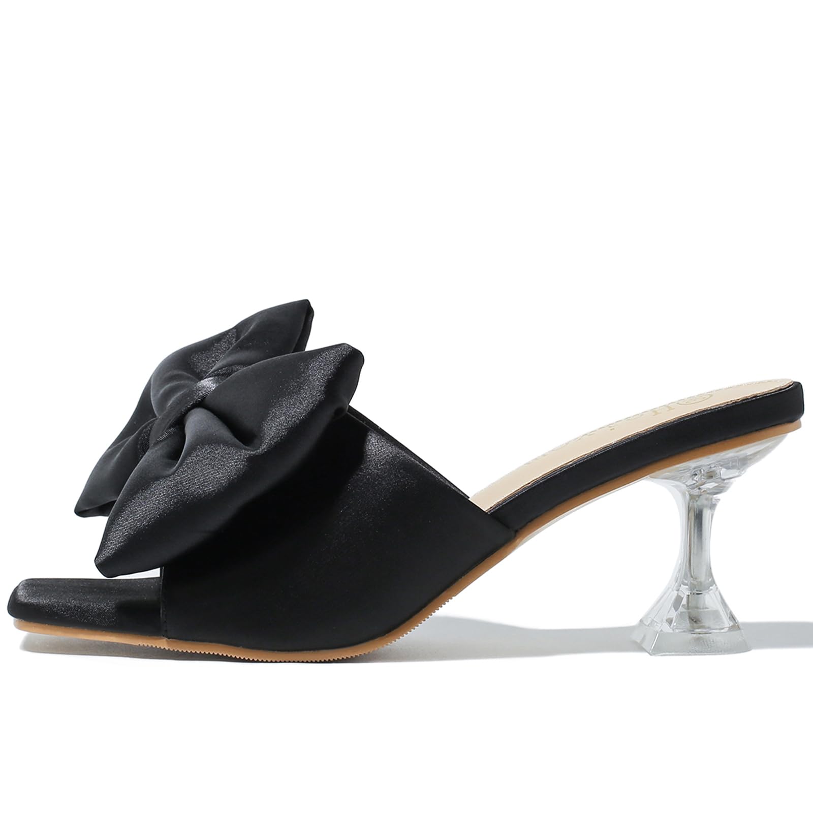HeiyomWomen's Square Toe Low Stilettos Heels Mules Sandals Slip on Satin Bow Heels Wedding Bridal Party Dress Shoes
