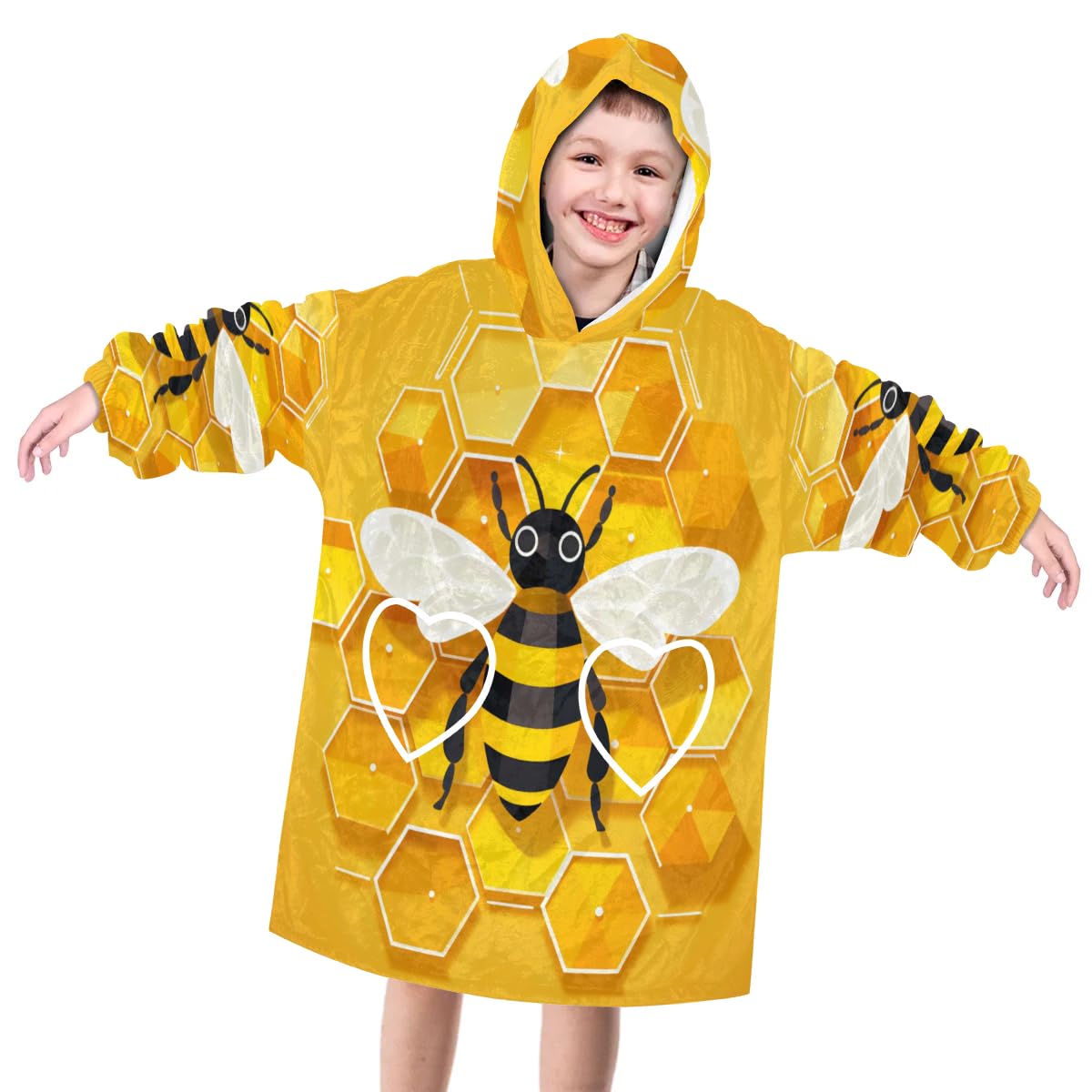 Wearable Blanket Hoodie for Kids, Golden Bee Fleece Sweatshirt Blanket Oversized Blanket Sweatshirt with Pocket Flannel Warm Hooded Blanket 6-10 Year Old Girl Boy Gift, One Size