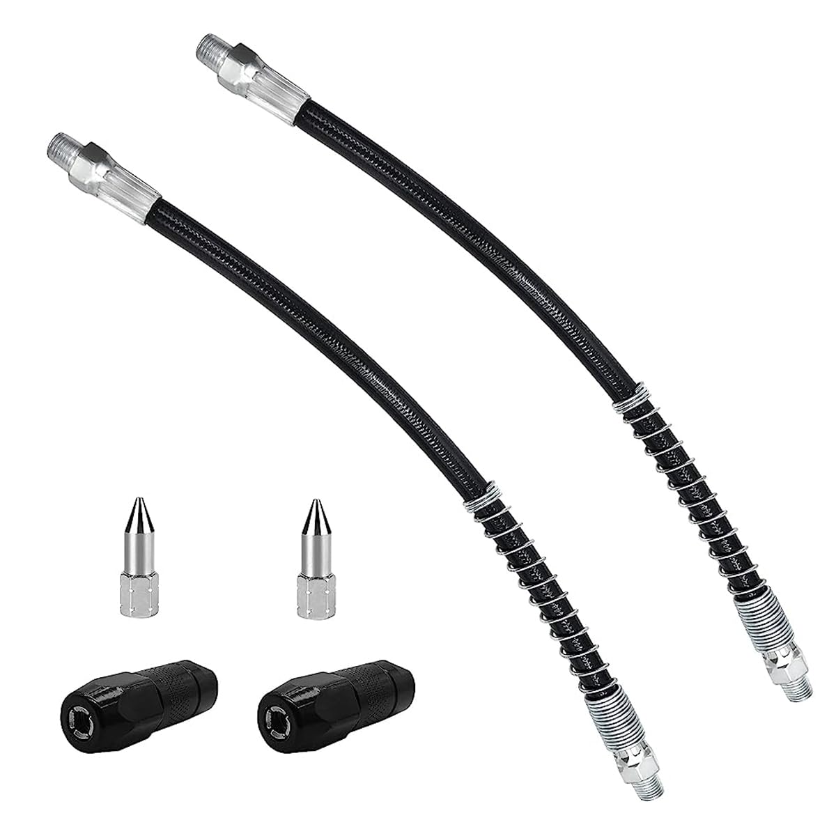 Grease Gun Metal Coupler, Grease Nozzle and Hose Set, Quick Lock and Release Grease Coupler 20" Flex Hose Extension, Compatible with All Grease Guns 1/8" NPT Fitting-image-1