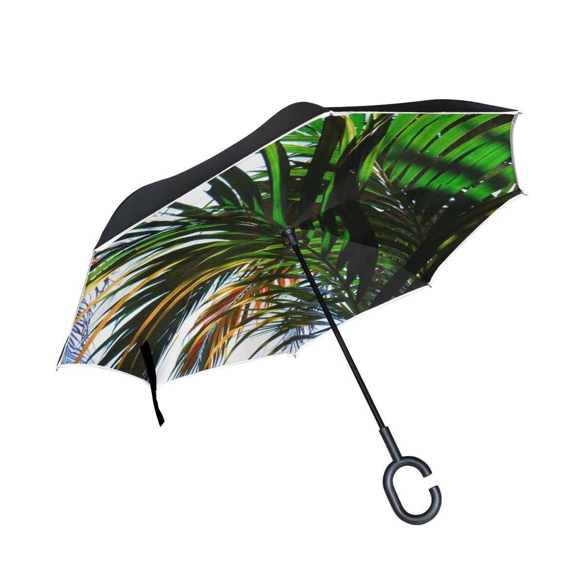 Double Layer Inverted Palm Tree Beach Tropical Flora Coconut Tree Quiet Umbrellas Reverse Folding Umbrella Windproof Uv Protection Big Straight Umbrella For Car Rain Outdoor With C-shaped Handle