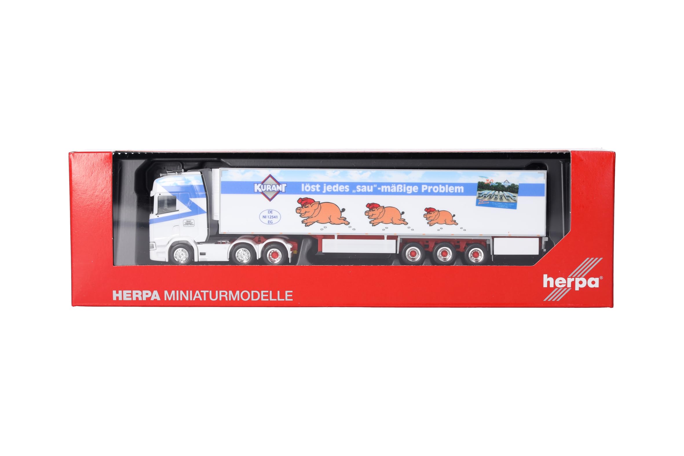 herpa camión Modelo Scania CS 20 HD semirremolque refrigerado 'Kurant Fleisch', Tractor con grúa de Carga y Soporte Trasero, Miniatura a Escala 1:87, Fabricado en Alemania, plástico