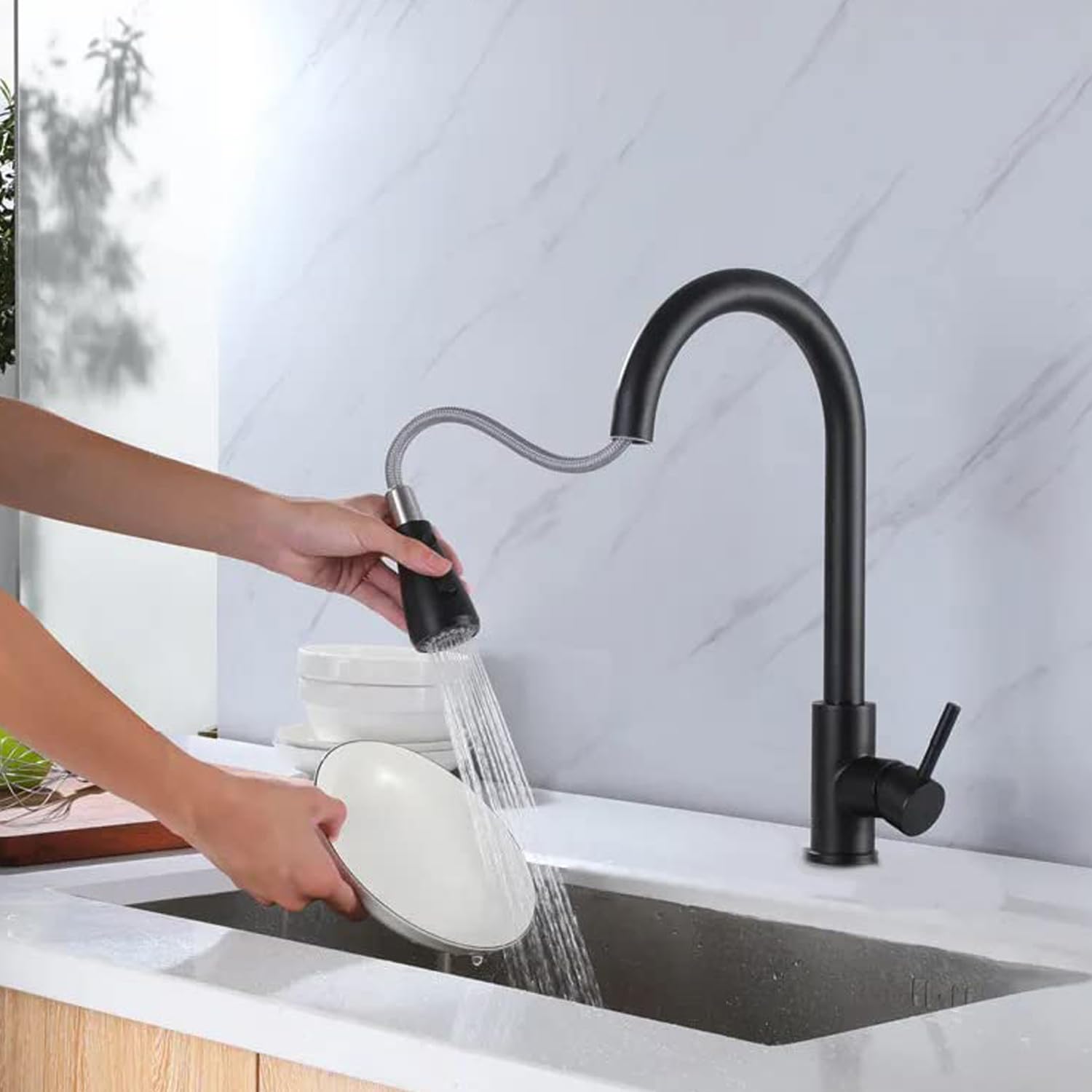 ZAIVI Flora SS-304 Heavy 360� Pull Down Sprayer Kitchen Hot and Cold Sink Mixer Tap with Multifunctionn Spray Head Kitchen Mixer Faucet (Matt Black)-image-37