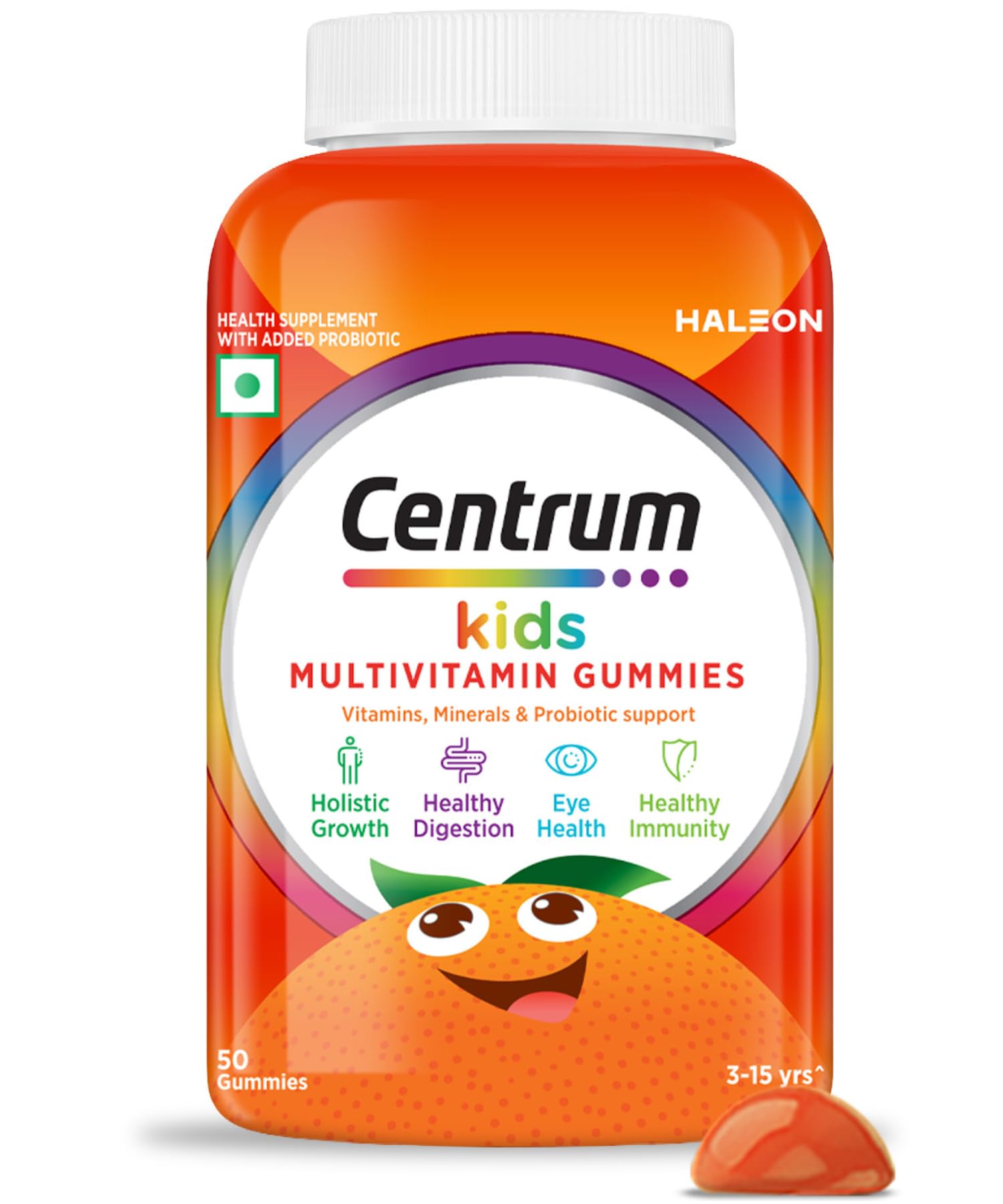 Centrum Kids- Multivitamin Gummies for Kids | Non-Habit Forming | With Zinc, Vitamin B, C, D for Overall Growth, Healthy Digestion, Eye Health, Immunity | Tasty Orange Flavour | Veg - 50 gummies