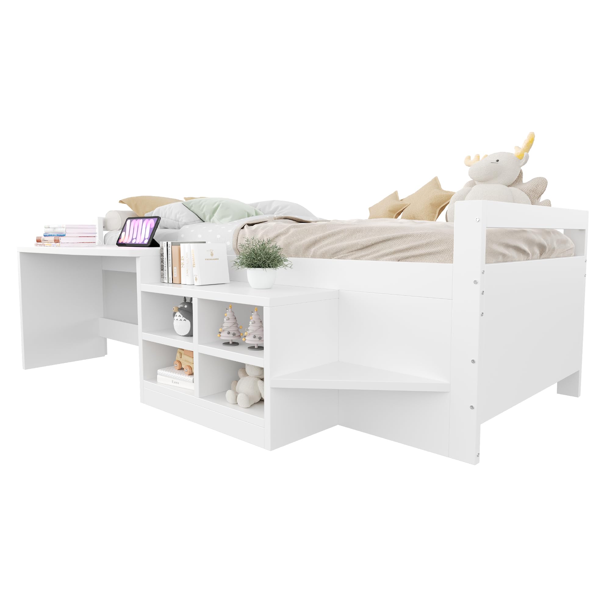 Łóżko piętrowe 90 x 200 cm, łóżko dziecięce z biurkiem i gniazdkami, białe łóżko drewniane ze schowkami, USB i stelażem, pojedyncze łóżko do małych pomieszczeń