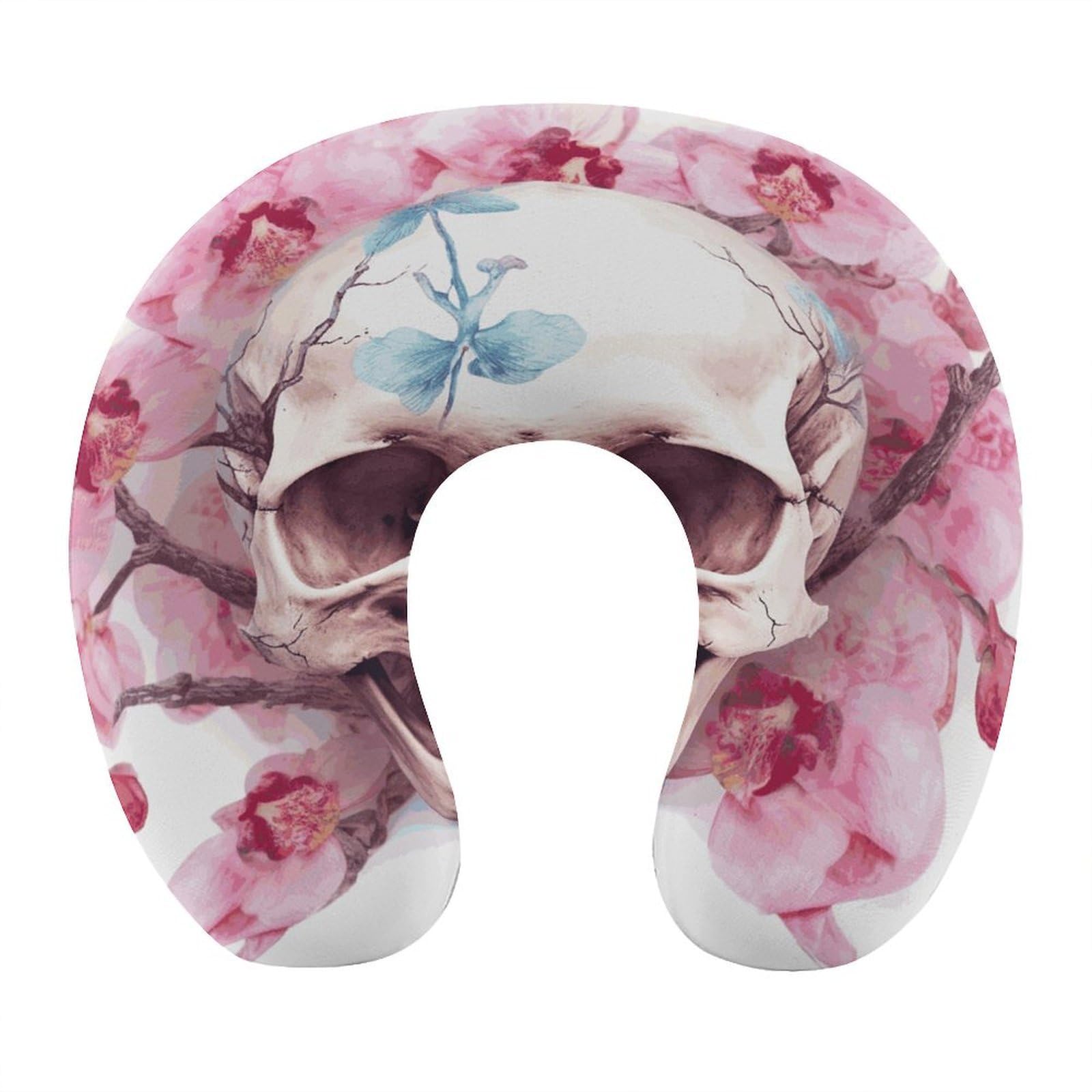 Btcowzrv Style Human Skull Pink Flowers U Shaped Neck Pillow Travel Pillows