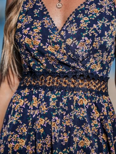 Image of CUPSHE Women Lace Summer Dress Adjustable Straps V Neck Cutout Waist Beach Vacation Mini Dress Floral Tropical Sun Dress