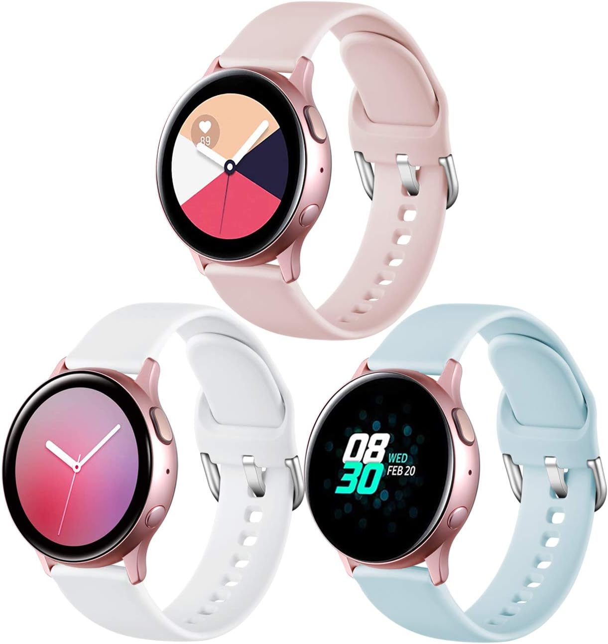 GEAK Compatible with Samsung Galaxy Watch Active 2 40mm 44mm Bands, Galaxy Watch Active Bands, Galaxy Watch Bands 42mm, 3 Pack 20mm Silicone Watch Bands Small White/Sand Pink/Light Blue