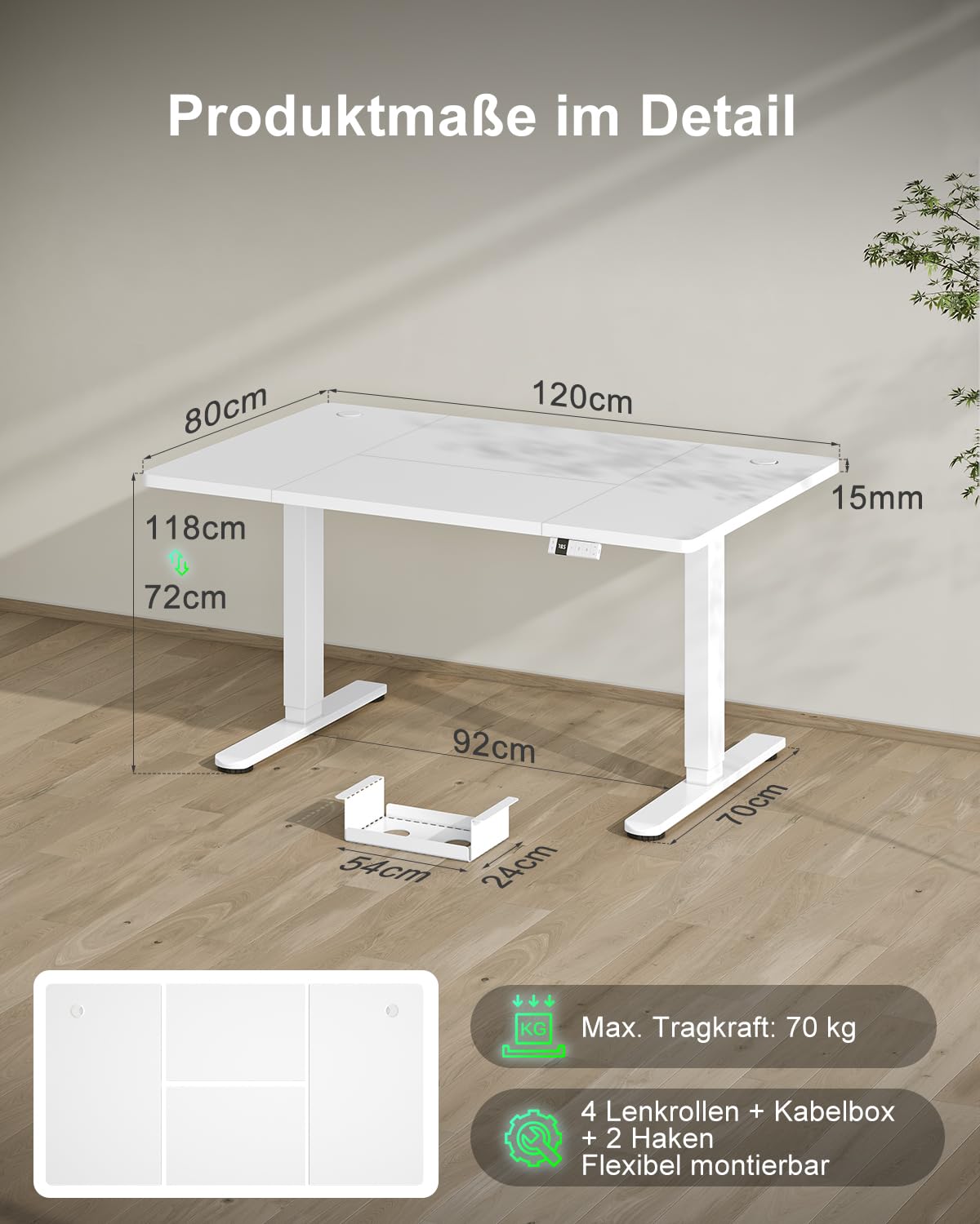 Devoko Escritorio Elevable 120x80cm con Tablero de 18 mm, Ruedas y Puerto Type-C, Escritorio Eléctrico, Regulable en Altura con Bandeja de Gestión de Cables (Blanco)