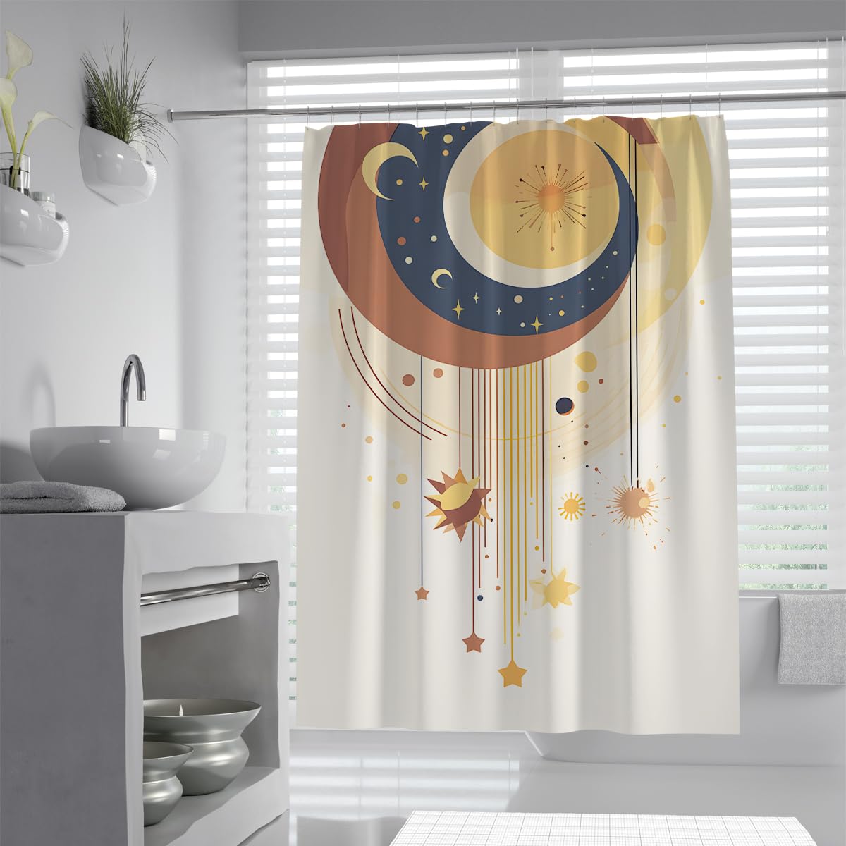Boho Celestial Duschvorhang Vintage-Sonne und Halbmond Badezimmerdekoration Mystic Astrology Stars Duschvorhang wasserdichter Stoff 180 x 220 cm