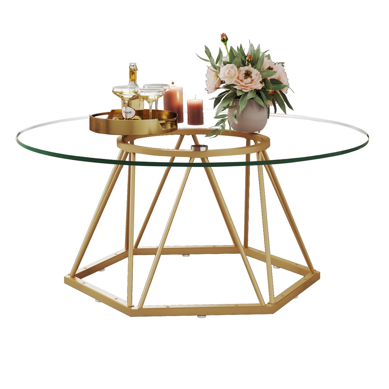 HSH Round Glass Coffee Table, Modern Gold Living Room Table, Small Circle Center Table with Golden Hexagonal Metal Base, Simple Minimalist Cocktail Teal for Home Living Room Bedroom, 31.5 inch