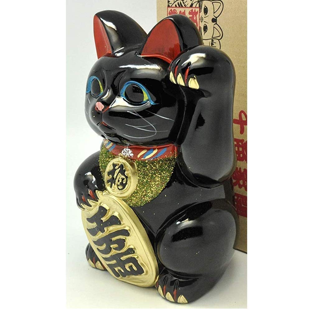 Amazon.co.jp: 縁起物 貯金箱 【鈴梅】招き猫 黒・左手 7号(約23cm