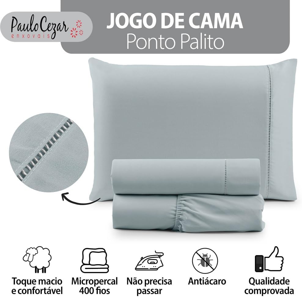 Jogo de Cama Classic Solteiro Percal 400 Fios Ponto Palito 03 Peças, Antiácaro, Anti-pilling com Toque Macio - Dublin