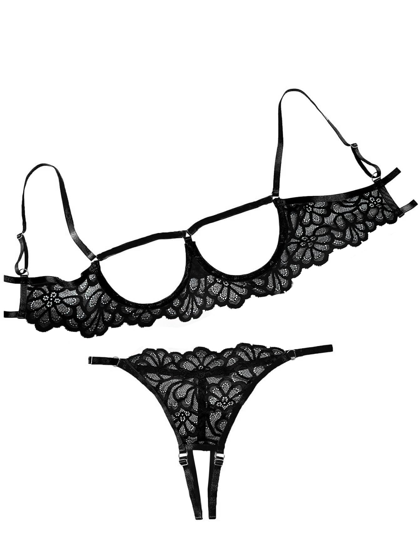 Lilosy Petite Women's Sexy Underwire Floral Lace Sheer Lingerie Set See Through Bra and Panty 2 Piece Black2# X-Small