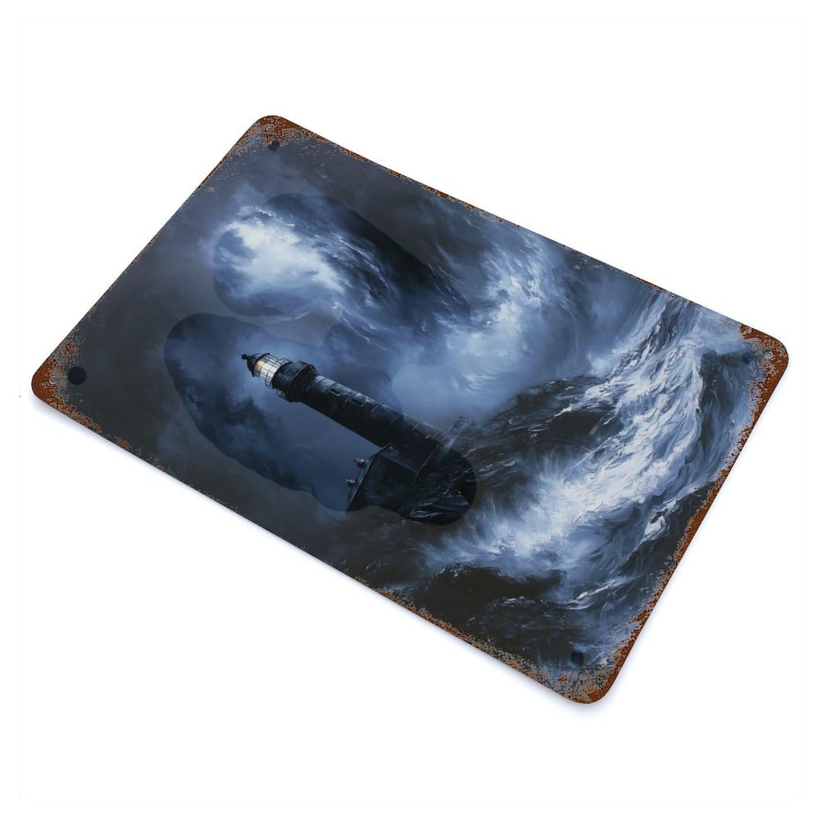 Weathered Tin Sign Lighthouse in Stormy Weather Painting 11.8"x7.9", Rustic Home Decor for Basement, Hobby Room And Garage Decor