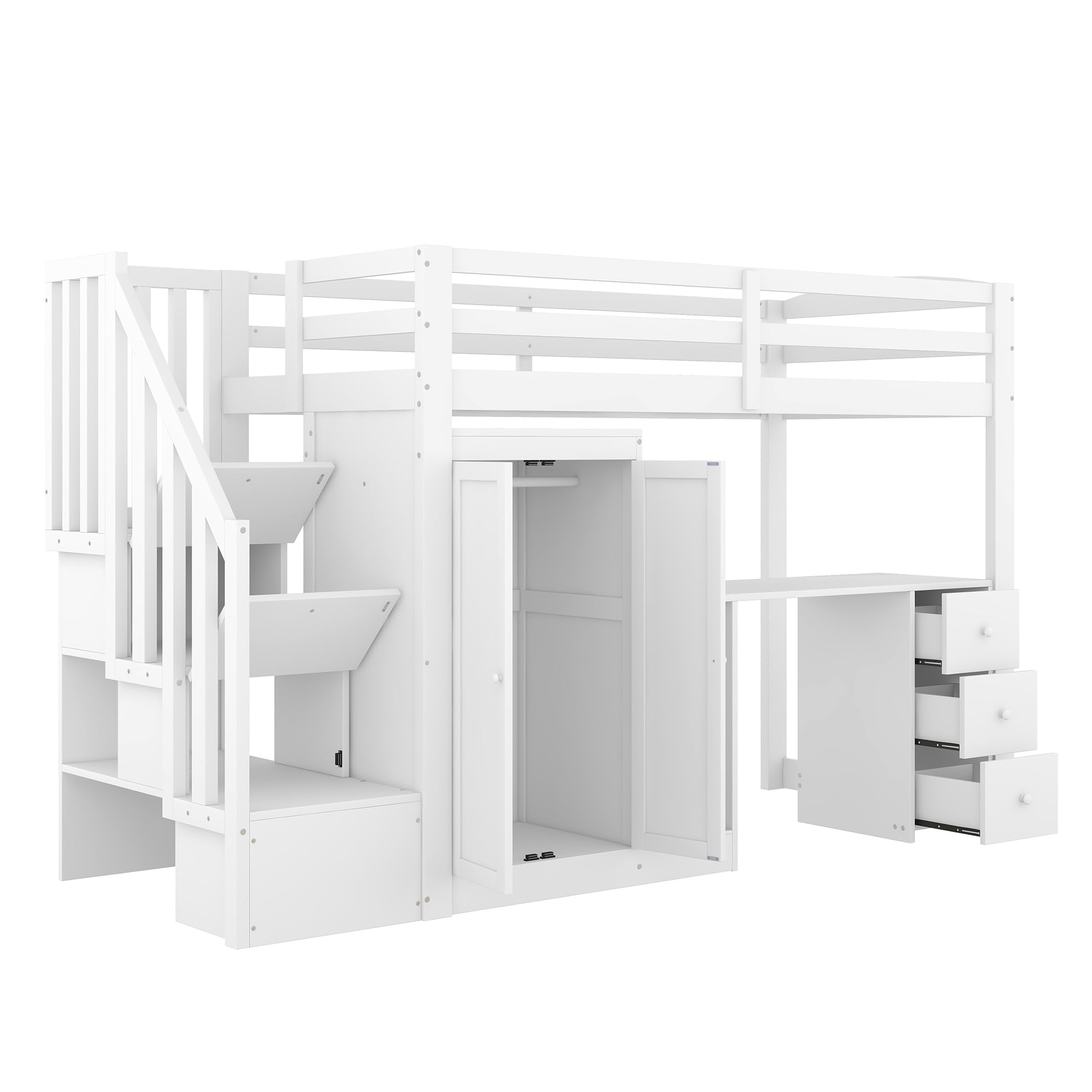 Gegtuon Kinderbett Bett 90x200 für Kinder mit Schreibtisch und Kleiderschrank, Hochbett Hausbett mit Stauraum Schubladen und Treppe, Bettgestell mit Lattenrost und Rausfallschutz, ohne Matratze, Weiß