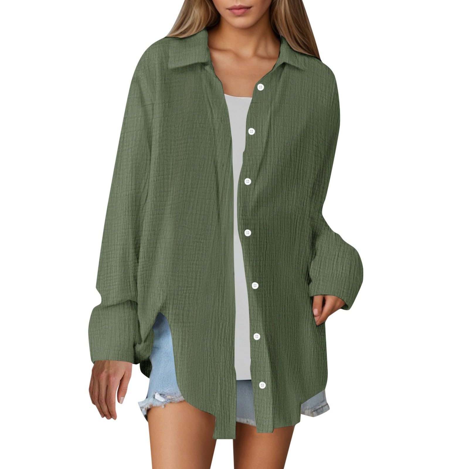 Chemise boutonnée à manches longues tendance en lin pour femme, coupe ample, légère, couleur unie, col en gaze, tunique décontractée pour le printemps, la plage, respirante, vert militaire, S