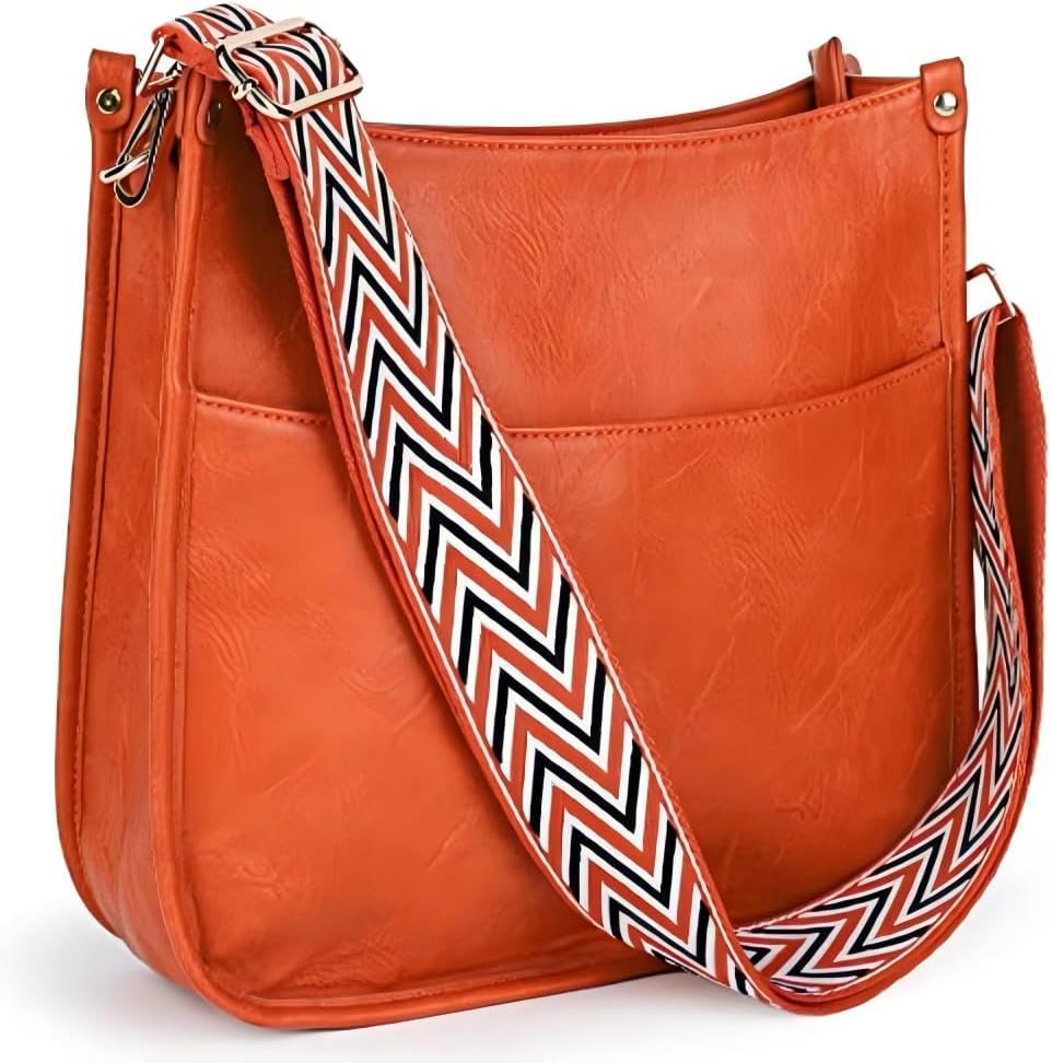 Small Crossbody Bag for Women with Wide Guitar Strap, Vegan Leather Triple Zip Shoulder Purse