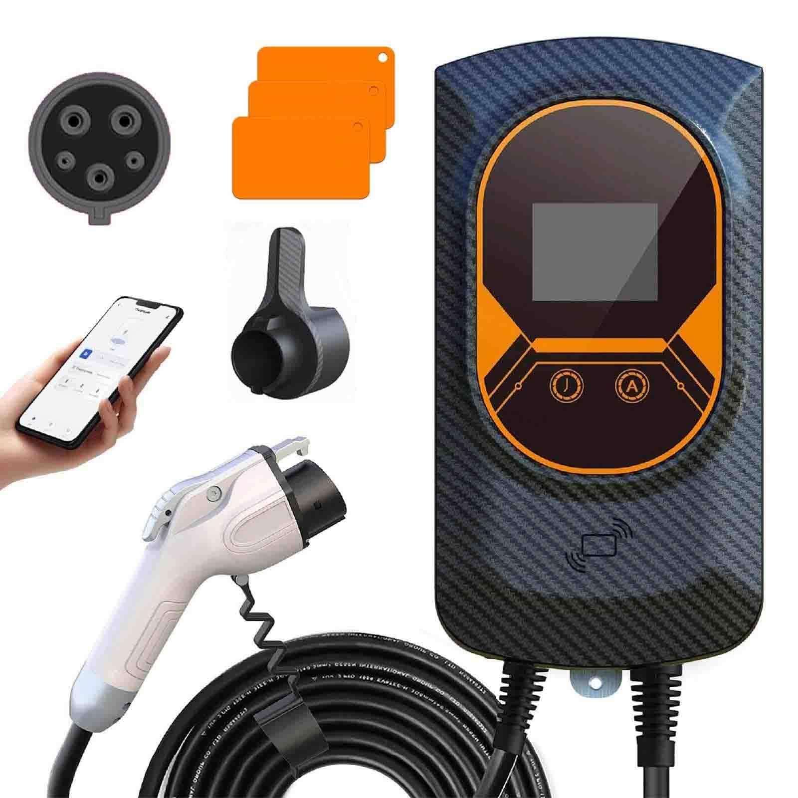 SikReaEv Charger - Type2 (7.6/11/22Kw) + Type1(7/9.6/12Kw), Electric Vehicle Charging Station - APP + Rfid Card + 5M Cable, Adjustable Current, IP66 Waterproof,7KwType1