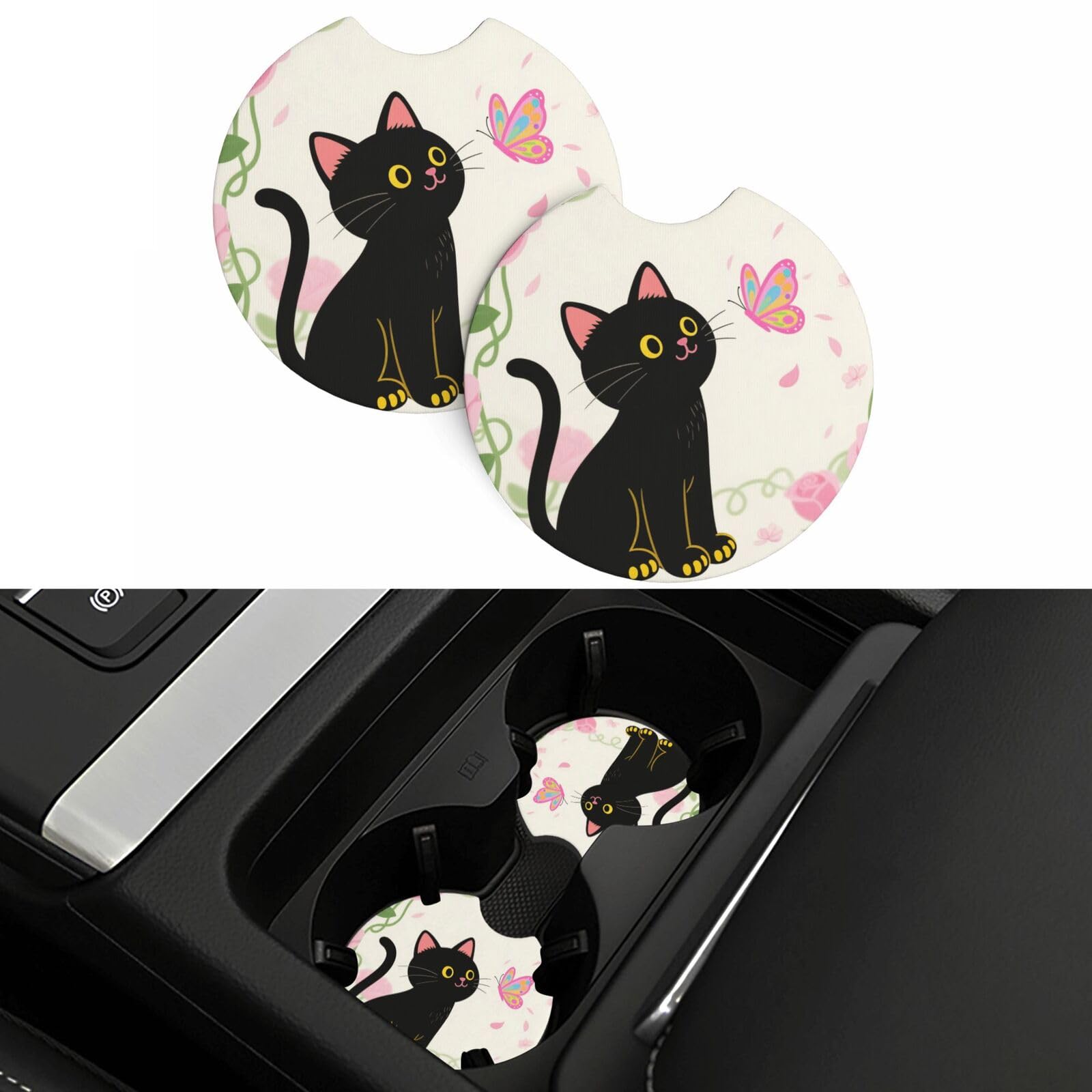 2 Pack Car Coasters,2.7" Universal Car Cup Holder Coasters Non-Slip Neoprene Cup Pad Mat Coaster Car Interior Accessories for Women Men Black Cat and Flowers-1