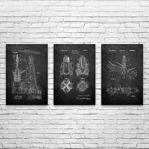 Patent Earth Oil Drilling Posters Set of 3 (11x14), Rig Worker, Roughneck Gift, Oil Industry Art, Oil Well Blueprint, Energy Contractor Dark Concrete