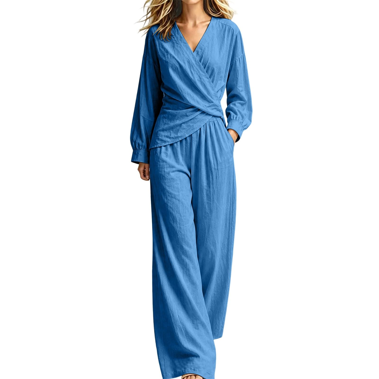 Set da 2 pezzi da donna Co Ord, casual, con scollo a V, a maniche lunghe, pantaloni a gamba larga, traspiranti, comodi, da viaggio, spiaggia, vacanze, tempo libero