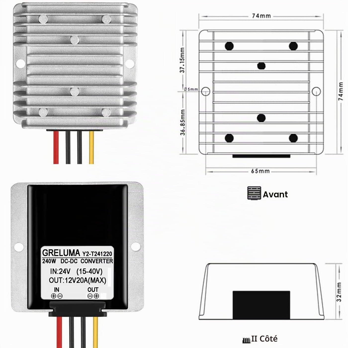 Greluma 1 Pc DC 24V à 12V convertisseur abaisseur régulateur 20A 240W Adaptateur Secteur réducteur pour Voiture électronique Camion véhicule Bateau système Solaire (entrées DC 15-40V)