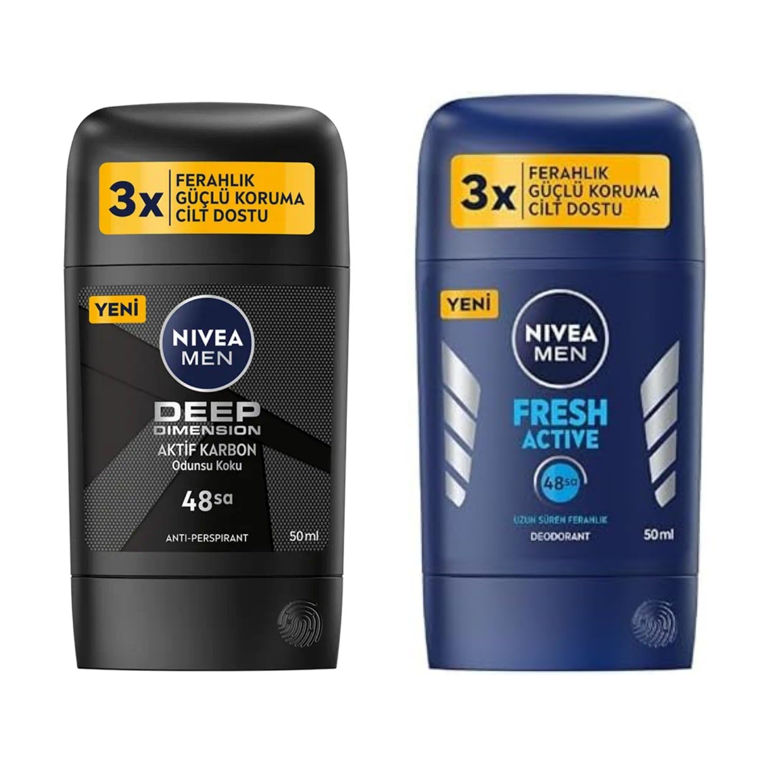 NIVEA Men Erkek Stick Deodorant Deep Dimension, 48 Saat Anti-Perspirant Koruma, 50 ml X2 + NIVEA Men Erkek Stick Deodorant Fresh Active Ter ve Ter Kokusuna Karşı 48 Saat Deodorant Koruması, 50 ml