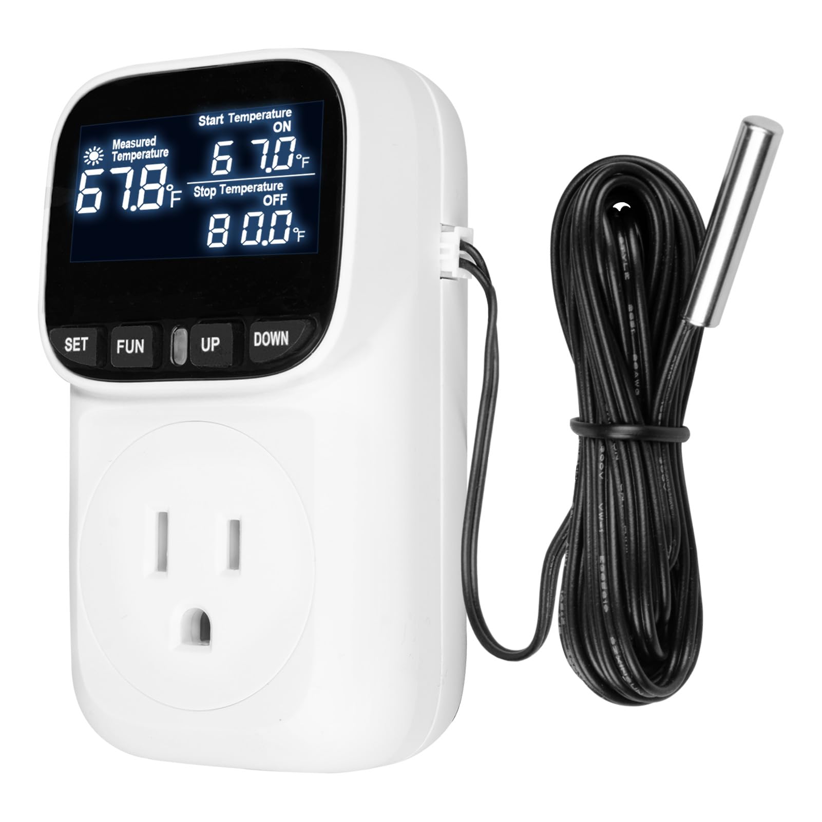 Sekelo Thermostat-Steckdose mit digitalem Temperaturregler, Heiz- und Kühlsteuerung 120 V 15 A Sensor, Timer-Anzeige, LCD-Display, ideal für Reptilien, Brauereien, Gewächshäuser