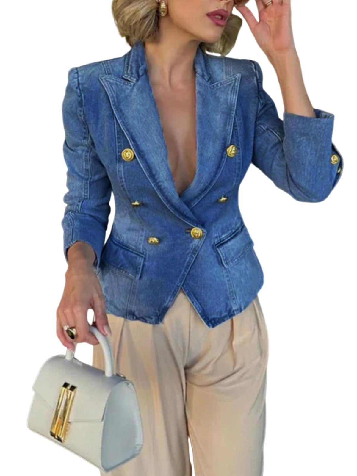 Ru Sweet Womens Notched Fall Lapel Denim Blazer Suit Long Sleeve Button Down Double Breasted Office Slim Fit