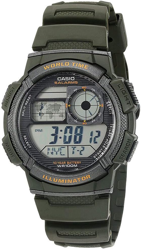Casio AE1000W-3AV Mens Green Resin Band 5 Alarm Chronograph World Time Watch, green