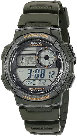 Casio AE1000W-3AV Mens Green Resin Band 5 Alarm Chronograph World Time Watch, green