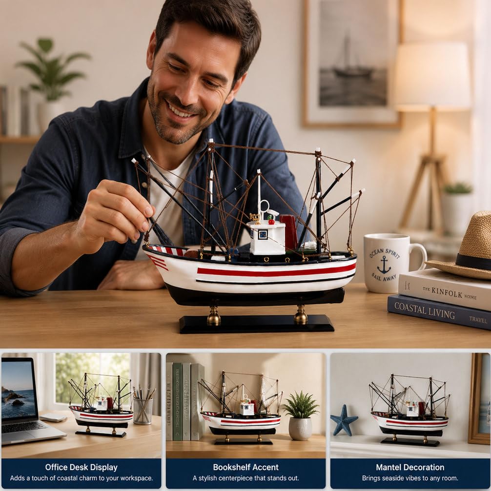 YLME Maqueta De Barco Pesquero Modelo Terminado De Barco Pesquero Simulado Adornos para Maquetas De Barcos Pesqueros De Madera Maciza Maqueta De Madera De Arrastrero del Norte De Europa,A
