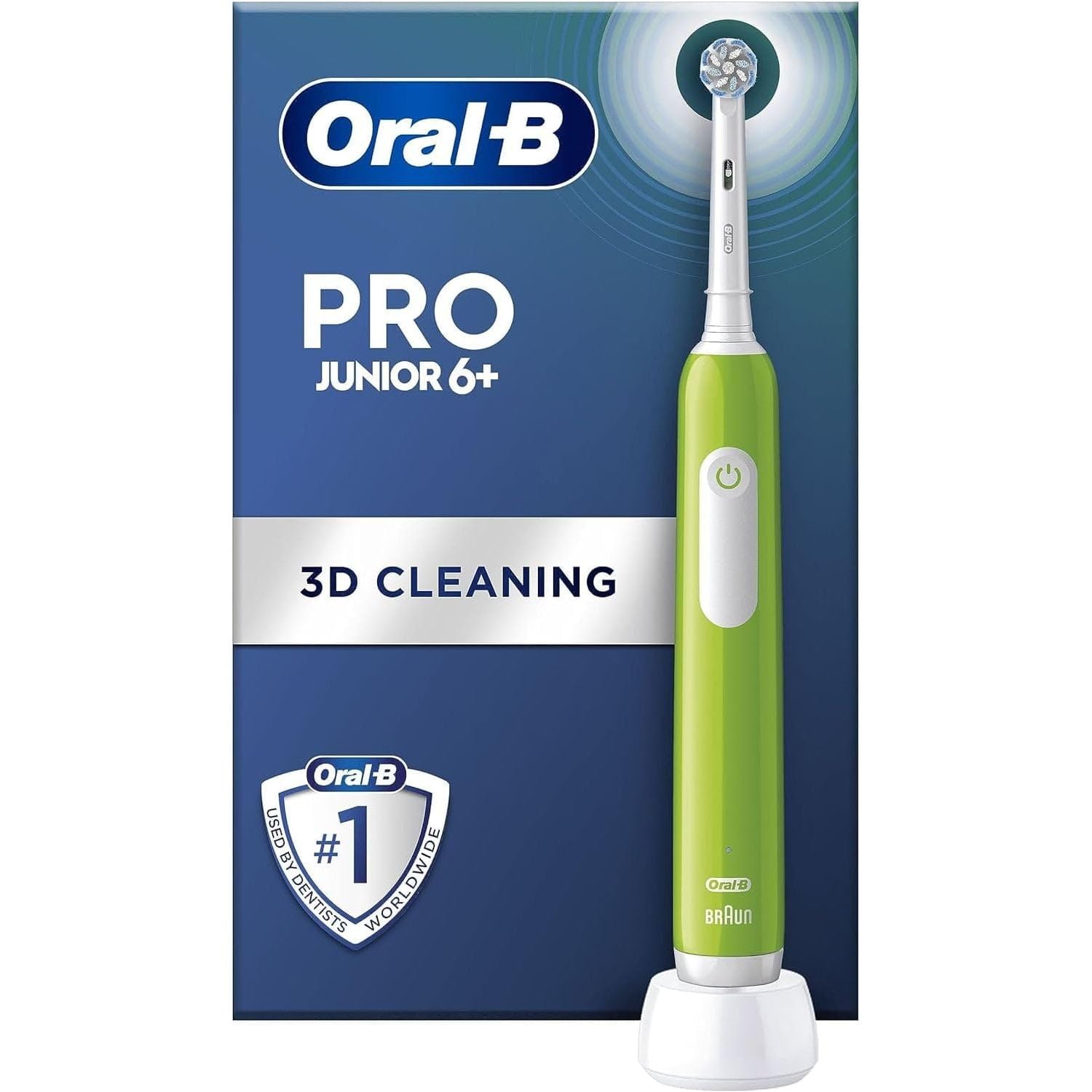 Oral-B Pro Junior Elektrische Zahnbürste für Kinder, Geschenke für Kinder, 1 Zahnbürstenkopf, 3 Modi mit kinderfreundlichem, sensiblen Modus, für Kinder ab 6 Jahren, 2-poliger UK-Stecker, Grün