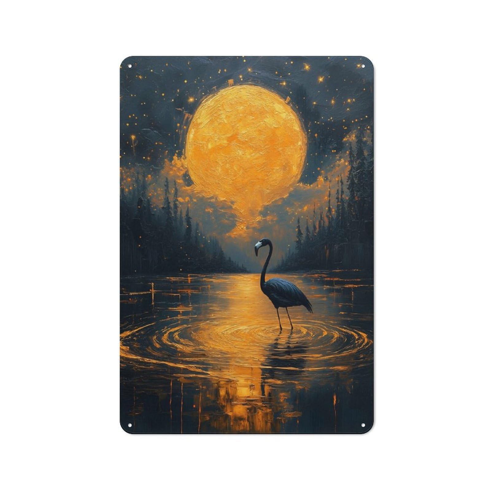 Junmoney Style-15 Shop Front Style Flamingo Under A Golden Moon Cafe Metal Sign 30X20cm, Bistro Wall Plaque For Tea Room, Shop Wall Or Breakfast Area