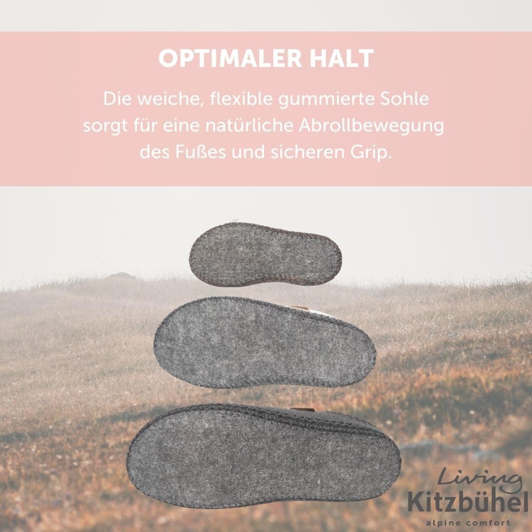 Living Kitzbühel Modello a T con decorazione all'uncinetto – Pantofole morbide per bambini in lana – Traspirante e antiscivolo – Realizzato a mano in Europa