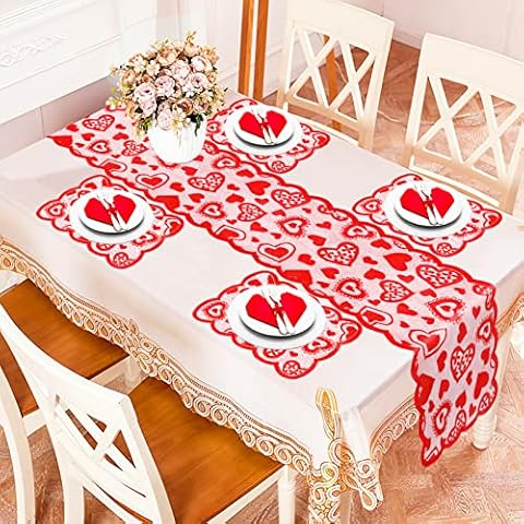 Qpout Valentines Table Runner and Placemats Set, Red Table Runner Love Heart Lace Table Cloth Romantic Table Decoration for Valentines Day Wedding Party Christmas Table Runner Home Decor 13x72 inches Cover