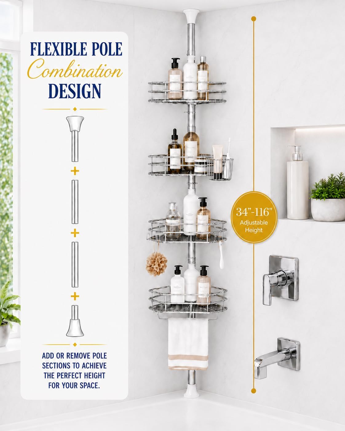 SEIRIONE Corner Shower Caddy Tension Pole, Quick Setup, Rust-Free Bathroom Shower Organizer Corner for Bathtub Shampoo Storage, 4-Tier Adjustable Shelf, Drill Free, Fits 34 to 116 Inch Height, Chrome