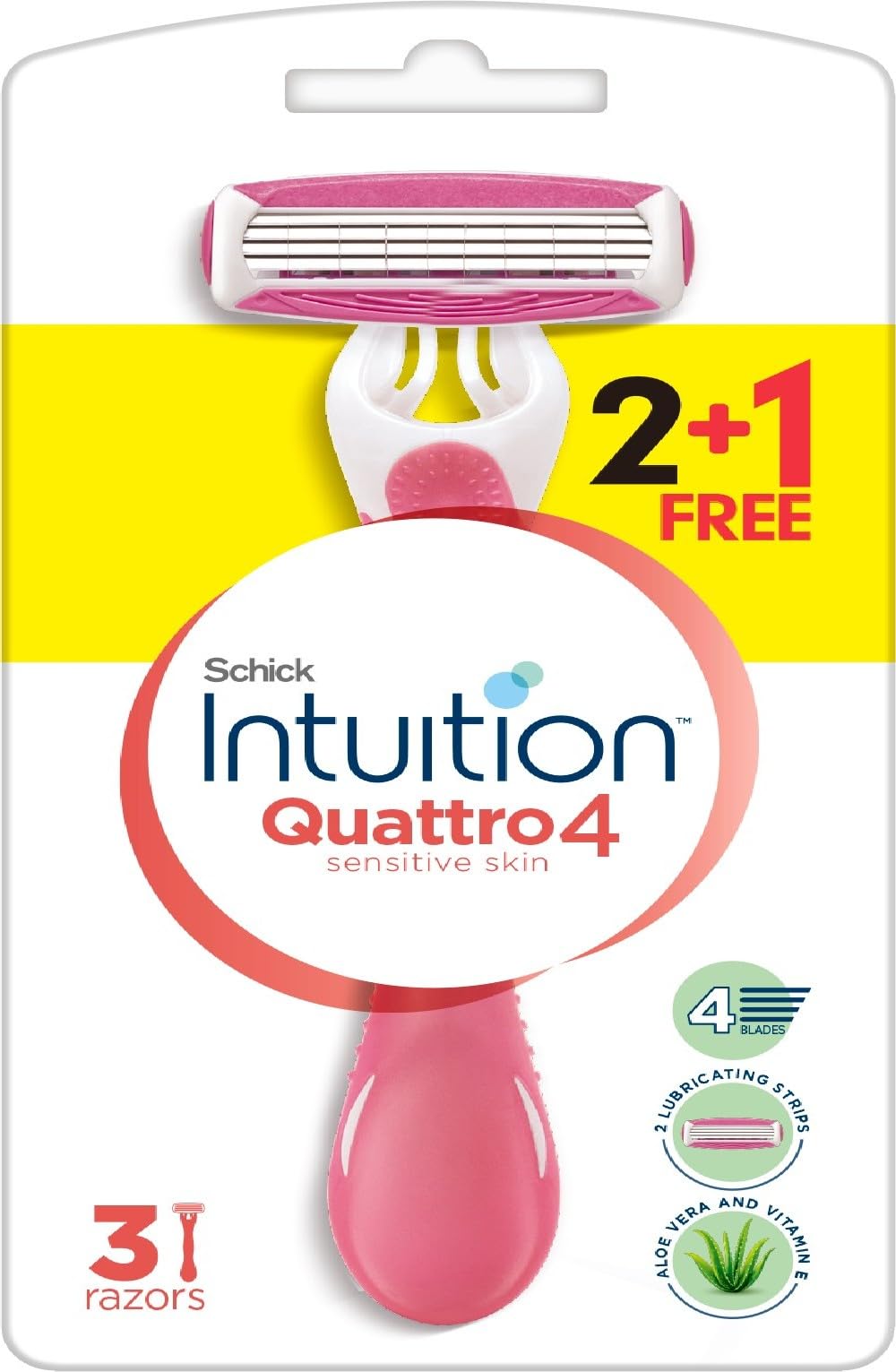 INTUITIONQuattro Disposable Razor for Women, 2+1 Pack,Suitable for Sensitive Skin,4 Ultra thin Blades,Organic Aloe + Vitamin E