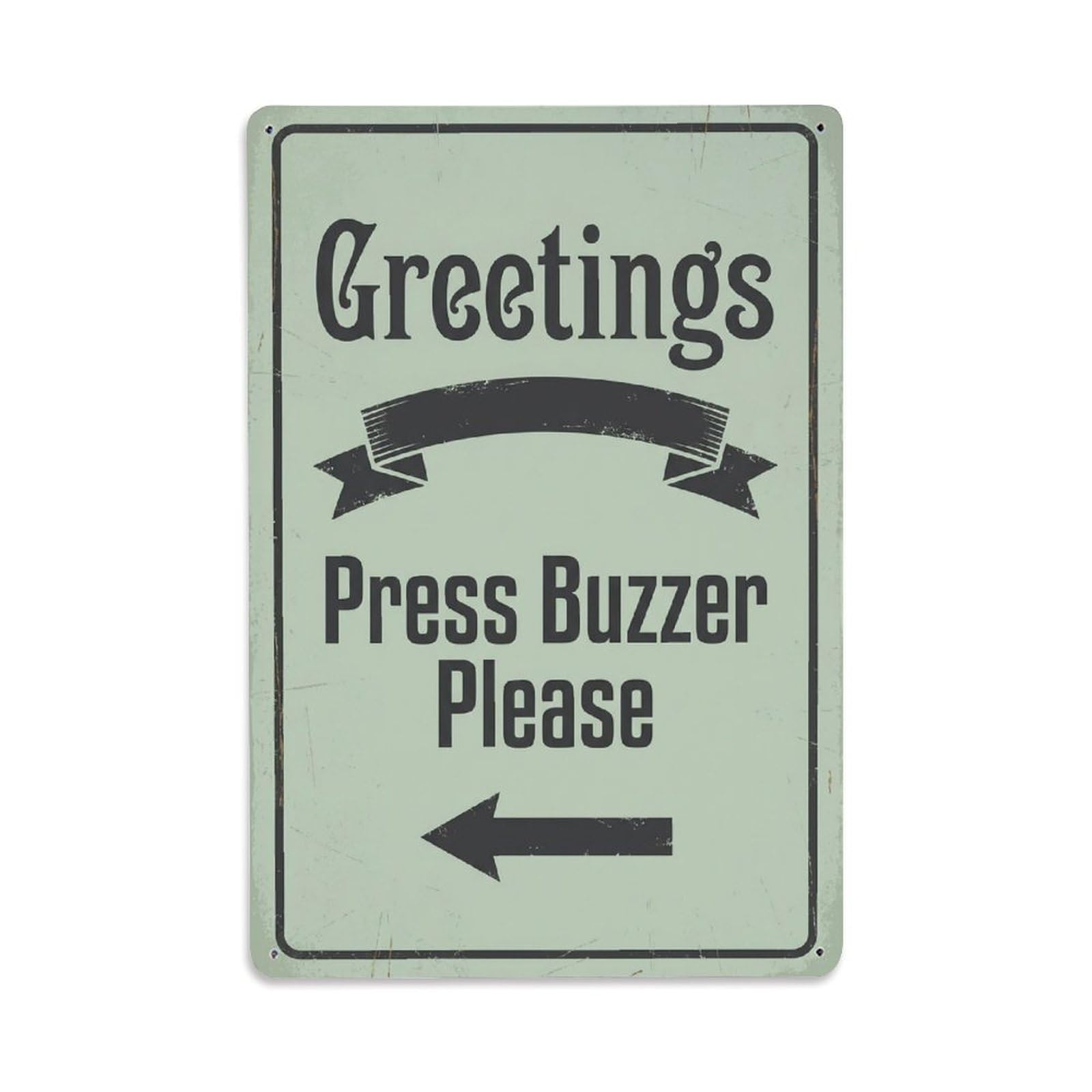 Vintage Greetings Press Buzzer Please Arrow Ribbon Metal Tin Sign