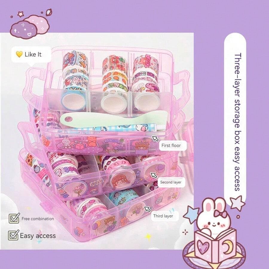 Image of Washi Tape Set - 100 Pcs Decorative Designer Tapes + 20 Kawaii Stickers, Tweezer, Pen, Spatula in 3-Layer Storage Box | Masking Tapes for DIY Crafts, Journaling, Scrapbooking (MODEL 1)
