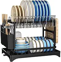 Escorredor de Louças 2 Andares Moderno Aço Inox – Organizador com Porta Talheres, Suporte para Copos e Tábua, Preto com Dreno | Premium InoVibes