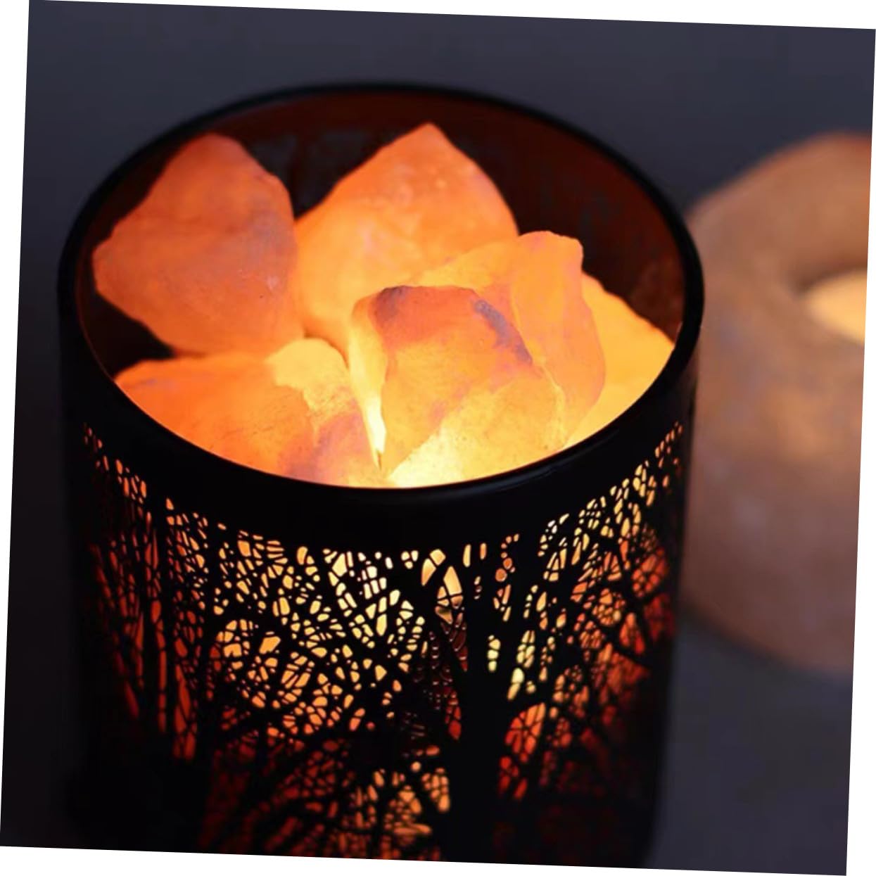 Lampe Décorative de Table en Sel de L’himalaya, Fer Noir, Cylindre