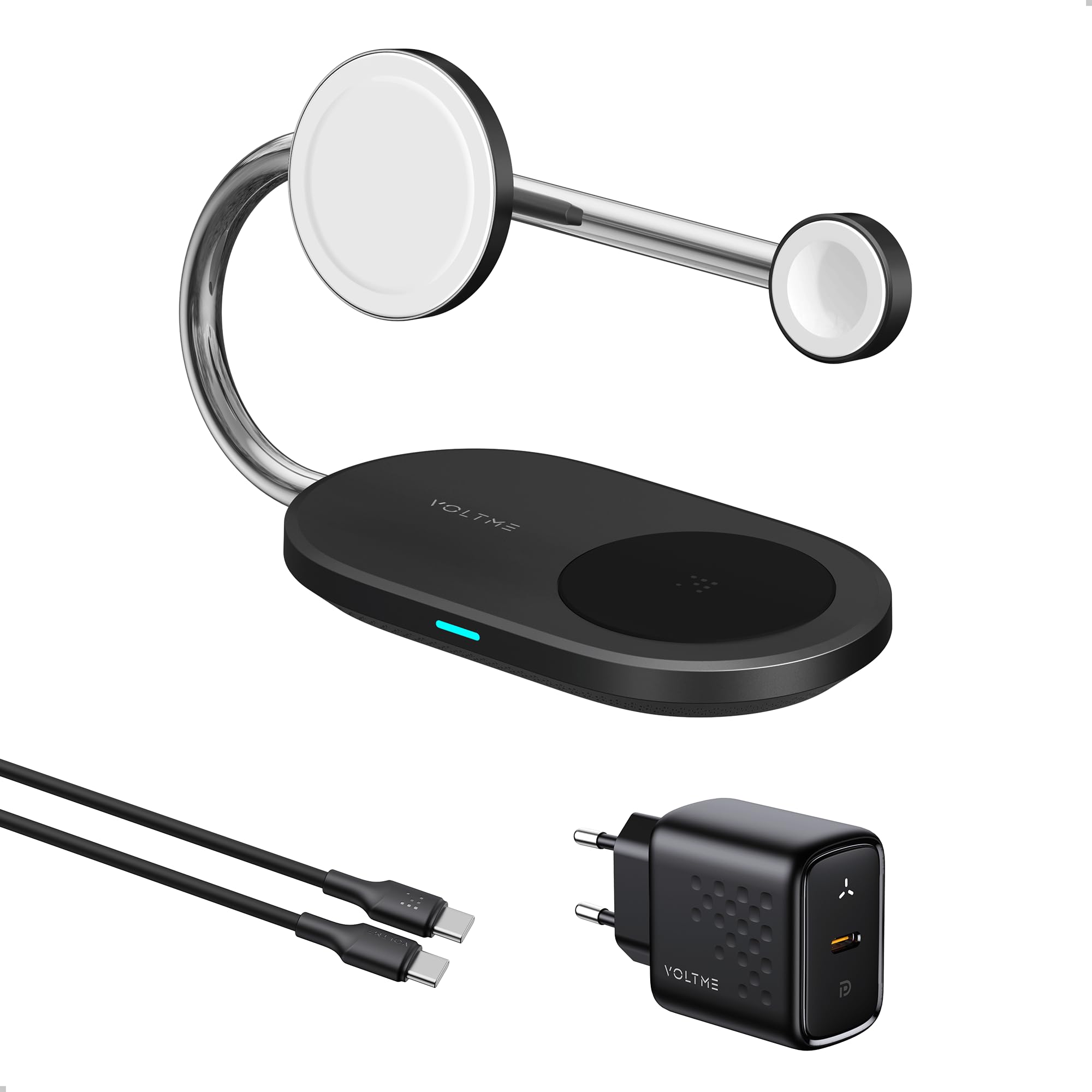 VOLTME MagPak 3 en 1 Cargador Inalámbrico, 15W Base de Carga Plegable de Viaje Qi2, Recarga Rápida Compatible con iPhone 16 15 14 13 Pro MAX Airpods iWatch y Otros, Incluye 40W USB-C Cargador y Cable