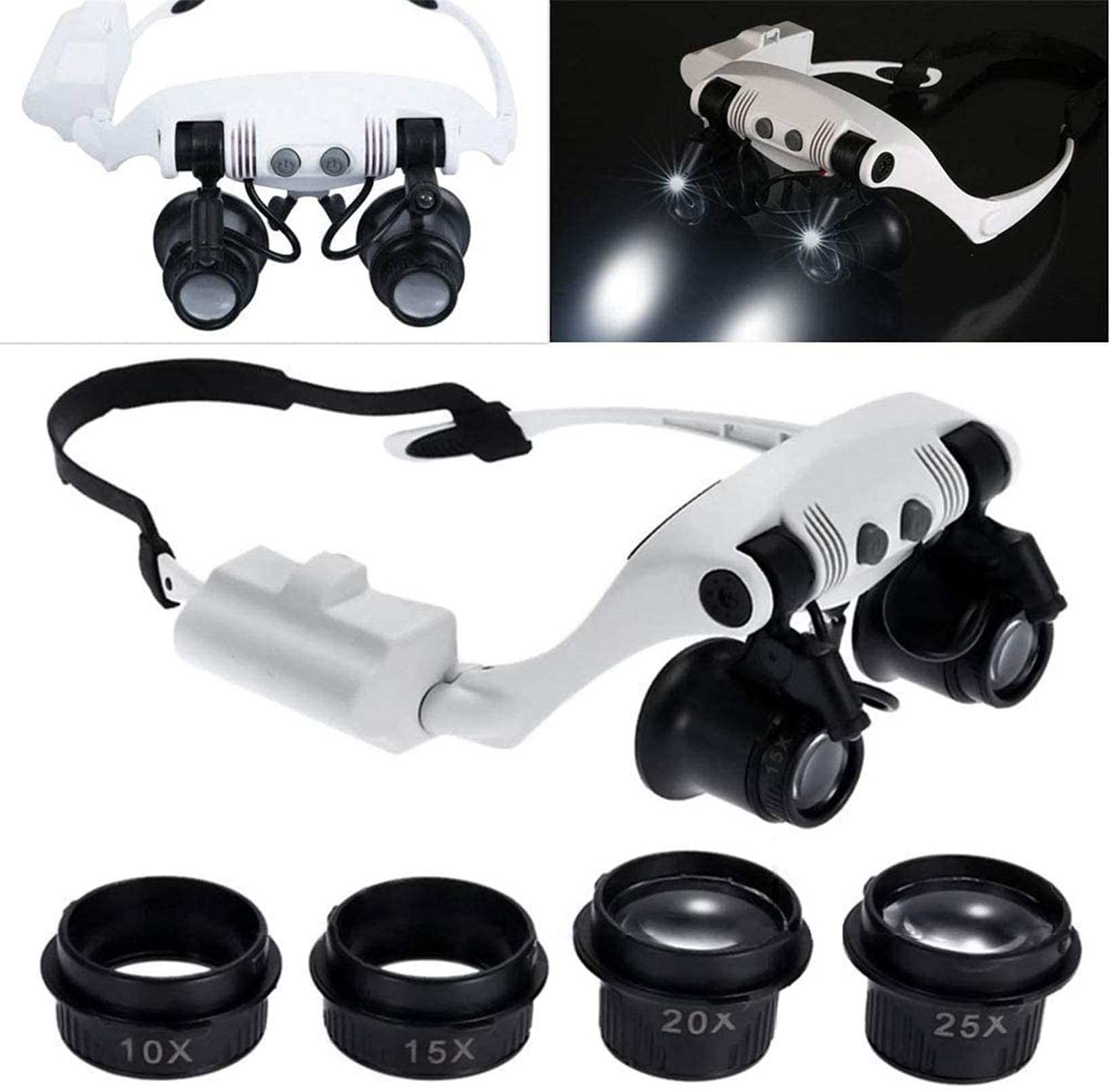 Kopfbandlupe, Handlupe Mit Digitaler Funktion, Freihändige Kopfbandlupe Mit Licht, 10- Bis 25-Facher Zoom, 4 Austauschbare Linsen, Leselampe, Lupe, Uhr, Elektronikreparat,