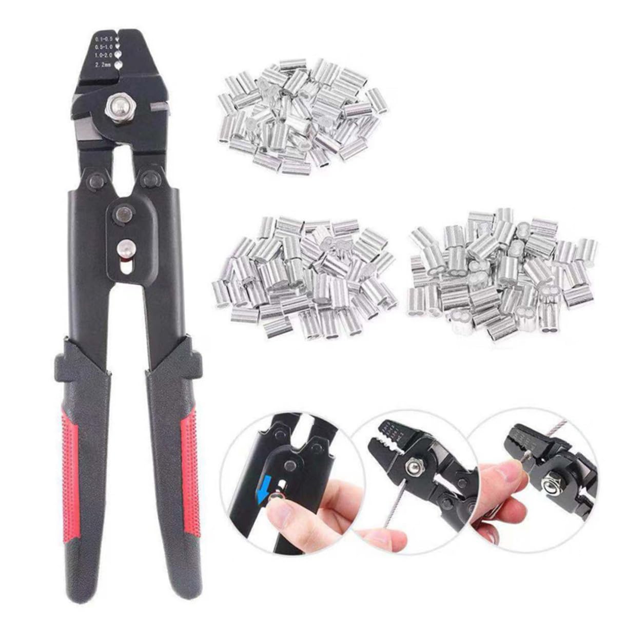 Pinza Crimpatrice per Cavi e Funi con Tubo a Manicotto in Alluminio Strumento per Crimpare Fili con Impugnatura Antiscivolo in PVC Blocco di Sicurezza e Set da 180 Pezzi per