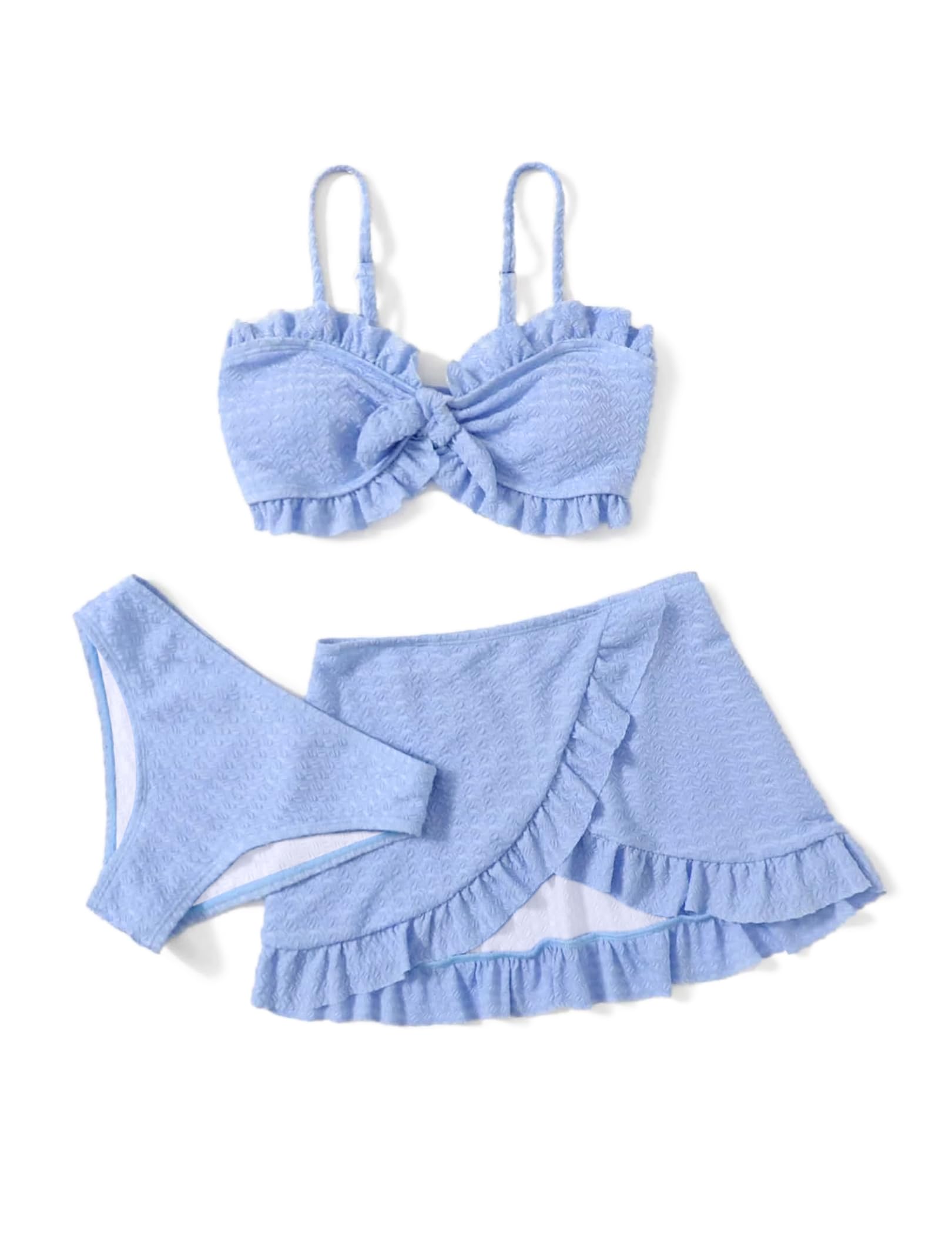 Arshiner Mädchen 3-teilige Krawatte Front Ruffle Trim Bikini Set Sommer Strand Bademode Top+Rocks +Slips Badebekleidung Kinder Badeanzüge mit Rock Bademode Schwimmanzug für Mädchen 4-13 Jahre