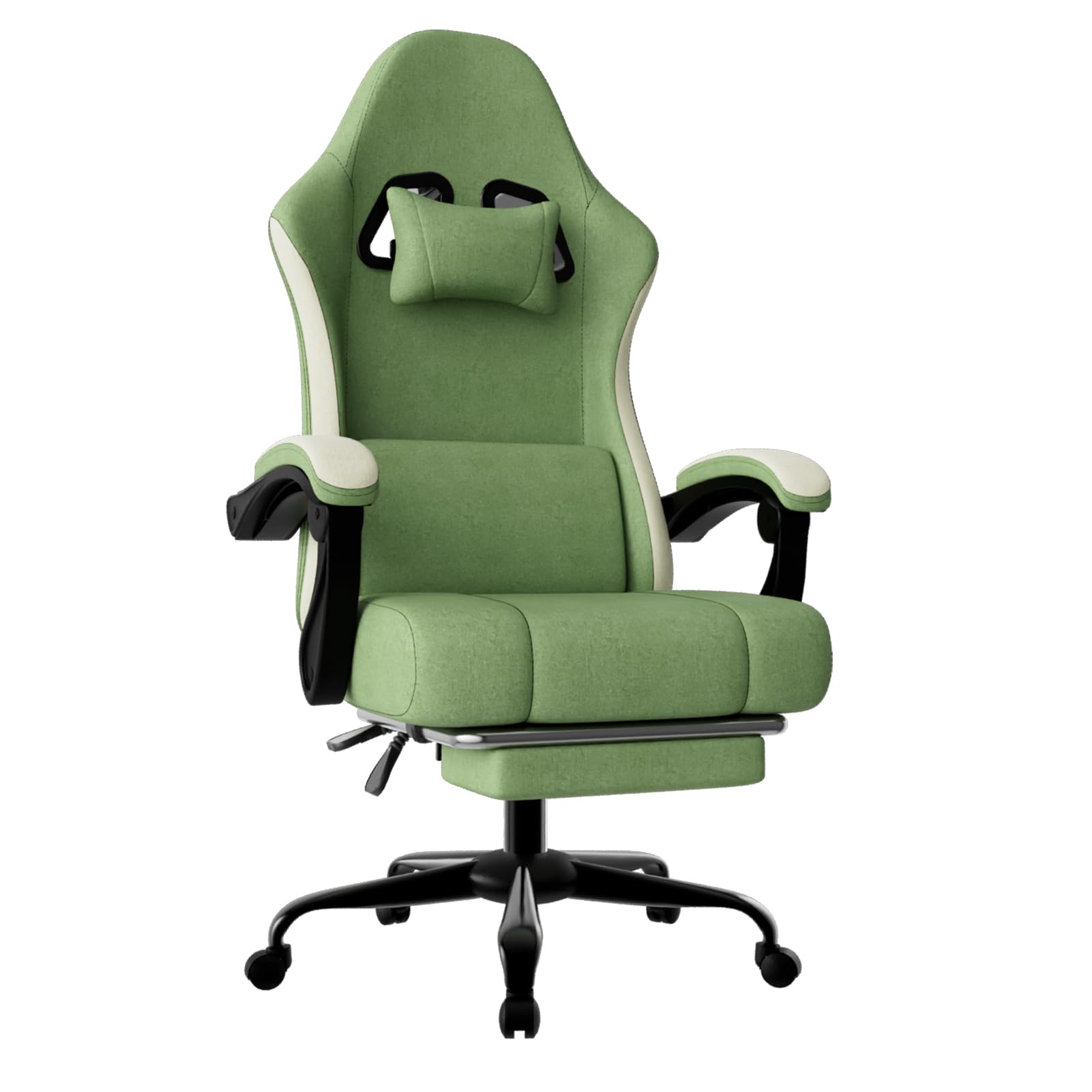 Silla Gaming con Muelles Ensacados y Reposapiés, Silla de Oficina Ergonómica con Cojin Lumbar Ajustable, Silla Gamer Soporta hasta 150 kg e Incluye Reposacabezas (Tejido, Verde Lima)