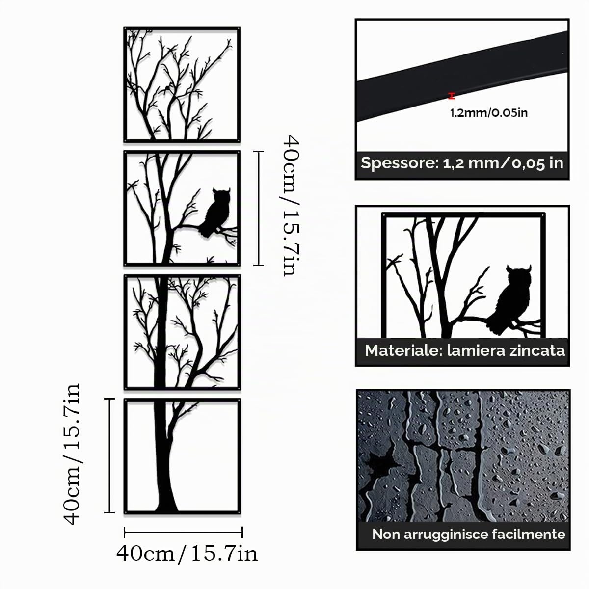 Luccyle Metal Family Tree Wall Art Decor,4 pannelli,3D scultura in metallo,Decorazione da parete in metallo per soggiorno, camera da letto e casa, regalo (15.7in×63in)