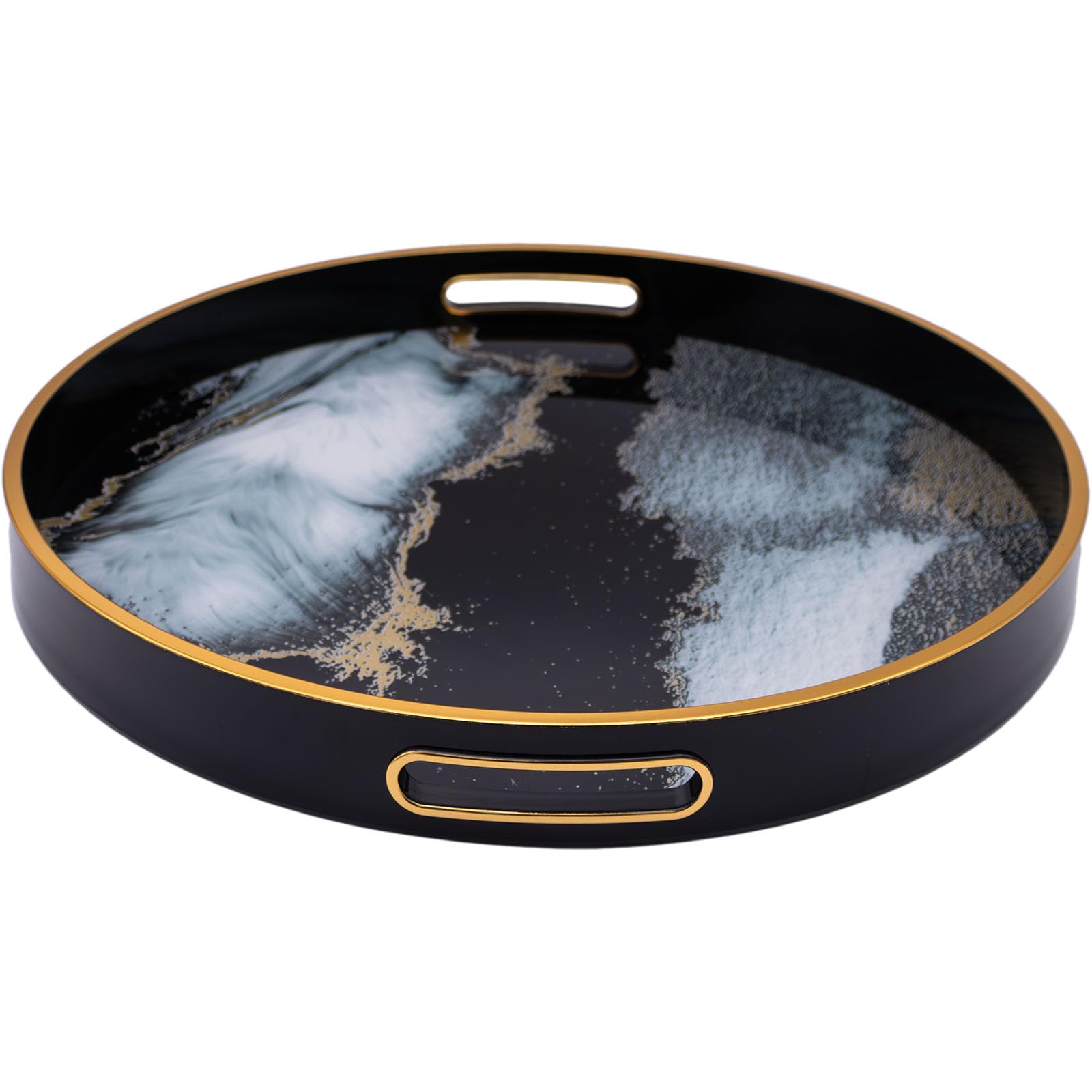 Round Abstract Design Decorative Tray, 36x36cm Marble Effect Design for Home Kitchen Coffee Table Tray, Lightweight Drinks Serving with Handles