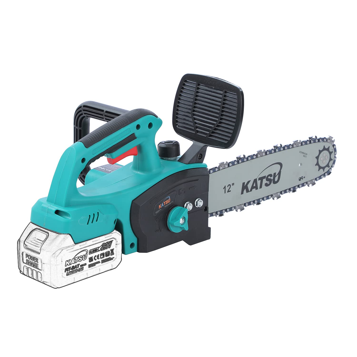 Katsu Tools Katsu Fit-Bat 21V Brushless Cordless Electric Chainsaw 12-Inch, For Garden Trees Wood Cutting Pruning, Without Batteries And Charger 102737A